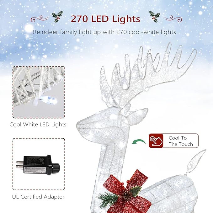 VINGLI Lighted Reindeer Christmas Decoration 3-Piece Deer Family Set for Outdoor Decor, Pre-lit 270 LED Christmas Deers for Outdoors Yard Ornament with Stakes, Zip Ties-White