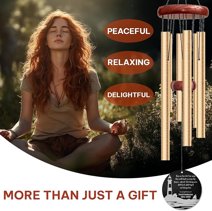 Personalized Lighthouse Memorial Wind Chime – “Those We Love Don’t Go Away” Golden Engraved Quote – Custom Name & Years Sympathy Gift – Memorial Windchimes for Loss of Loved One – Ocean Tribute Décor