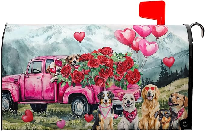 Mailbox Cover Magnetic Valentine Truck Dog Flowers Mailbox Wrap Post Cover Standard Size 21x18 Inch for Garden Yard Outdoor Outside Patio Wedding Holiday Decor