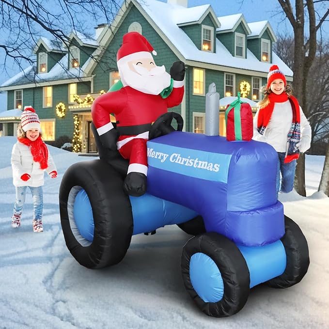 DearSun 5.5FT H Christmas Inflatable Santa Claus Drive Tractor with Build-in LED Lights, Blow up Christmas Inflatable Outdoor Decorations Large Party Yard Decoration