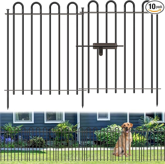 10 Panels Decorative Garden Fence with Gate, 40in(H)×21.6ft(L) Animal Barrier Fence, Metal Round Tube Garden Edging Border, Reusable Ground Defense Temporary Fencing for Outdoor Yard Flower Bed, Black