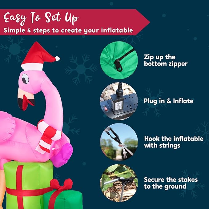 Joiedomi 6 FT Christmas Flamingo with Gift Box Inflatable Decorations with Build-in LEDs Blow Up Elegant Flamingo Inflatables for Xmas Party Indoor, Outdoor, Yard, Garden, Lawn Décor, Holiday Season
