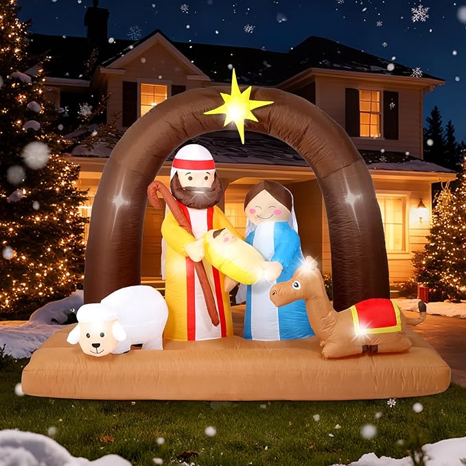 8FT Christmas Inflatables Nativity Scene Decorations Outdoor，Blow Up Nativity Scene with Built-in LEDs Lights for Indoor Holiday Party Yard Garden Lawn Décor