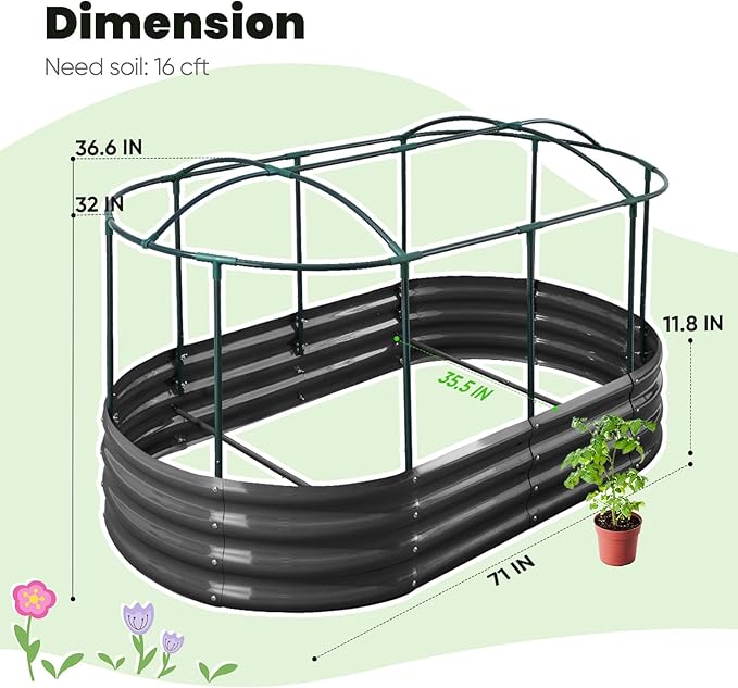 KING BIRD Raised Garden Bed with Cover Galvanized Oval Planter Garden Box Outdoor for Gardening, Vegetables, Flowers 71x36x12 in, White