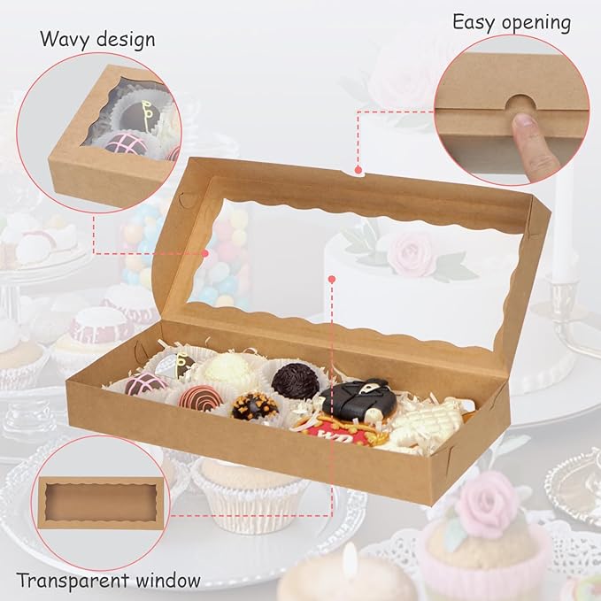 50pcs 12x5x1.5Inches Brown Cookies Boxes. with Window Bakery Boxes Chocolate Truffle Boxes Macaron Boxes Cakesickle Boxes Browines Treat Boxes for Christmas Valentine's Father's Mother's Day