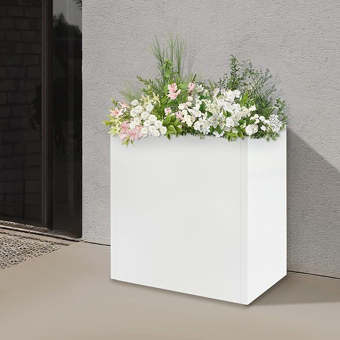 Metallic Heavy Outdoor/Indoor Planter Box, Seamless Large Metal Planter for Tall Trees, Plants, Flowers, No Assembly Required (White, 24 * 10 * 24 inch)