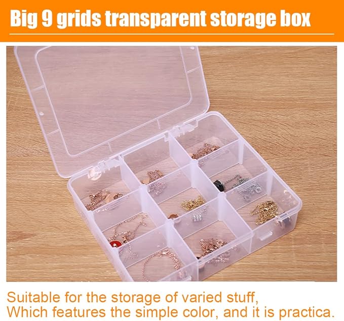 2 Pcs 9 Grids Clear Organizer Box Plastic Storage Container with Adjustable Dividers for Electronics Jewelry Beads Art DIY Crafts Fishing Small Parts