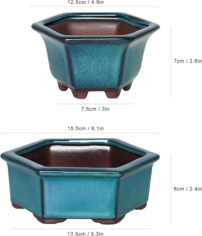 Bonsai Planter 2pc Small Succulent Glazed Pots 4.9" and 6.1" + 6 Soft Mesh Drainage Screens