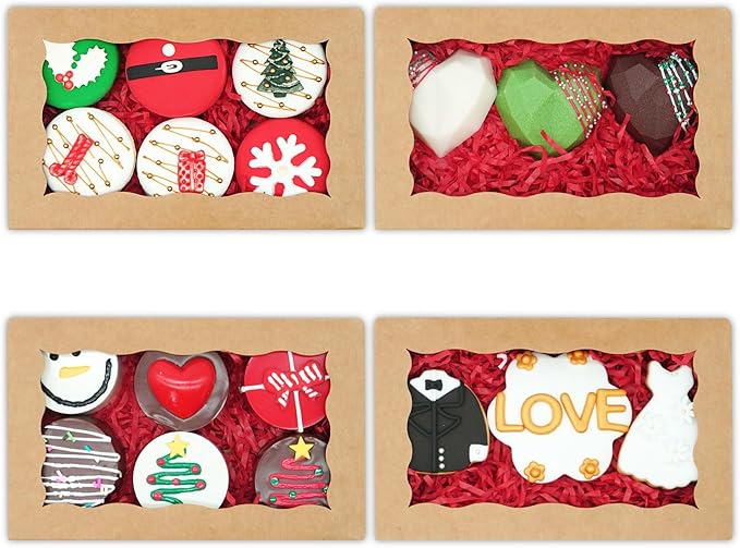 50pcs Cookie Boxes 7" x 4 3/8" x 1 1/2" Inch Bakery Boxes with window Treat Box Chocolate Covered Strawberries Box for Christmas Valentine's Mother's Day - Brown