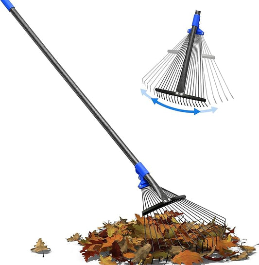 Lightweight Leaf Rake for Lawn, 8-17" Expandable Head with Metal Tines for Leaves, Shrubs & Small Areas, 75-Inch Adjustable Long Handle with Comfort Grip Senior Friendly