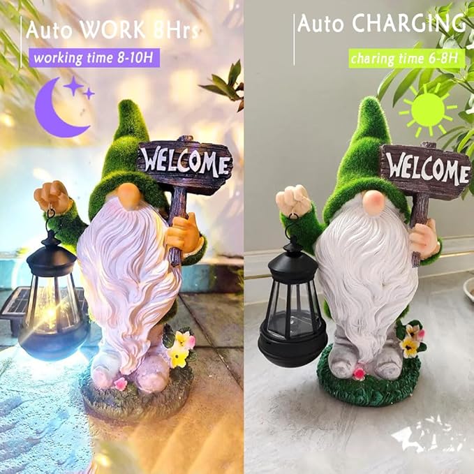 Halloween Fall Welcome Gnomes Statue Gift for Front Door Welcome Figures Solar Decor- Fall Gnomes Statue with Light Lanterna for Outdoor Yard