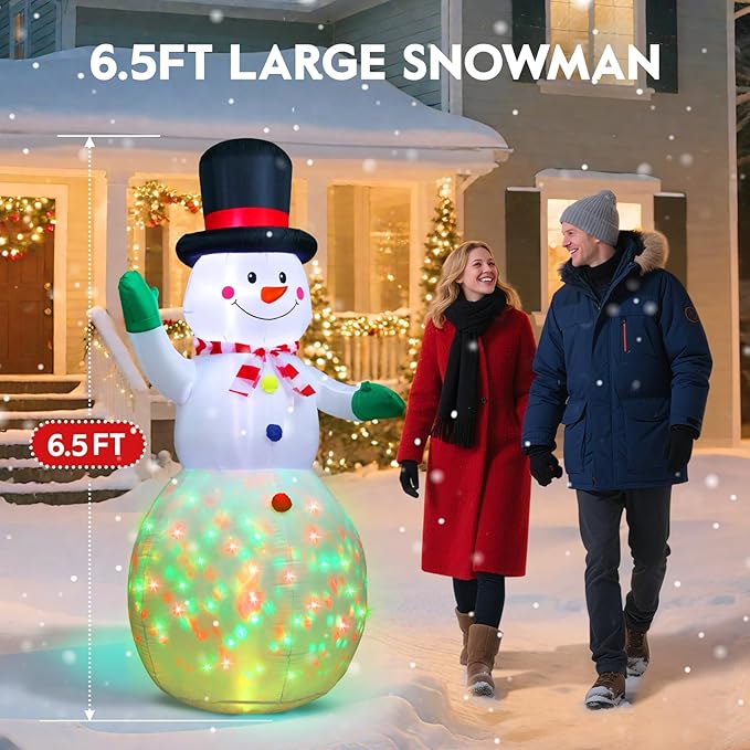 Christmas Inflatable Outdoor Decorations, with Rotating Colored Light+LED Lights, Large Blow Up Yard Decor,Christmas Party Outdoor, Yard, Garden, Lawn Winter (6.5FT Snowman+3 Colors Light)