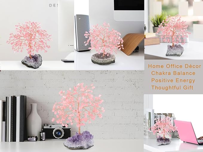 Natural Rose Quartz Gemstone Crystal Tree of Life, Amethyst Cluster Base,Feng Shui Decor Bonsai Money Tree,Healing Crystal Positive Energy Gift Size 5.5-6.3 Inches