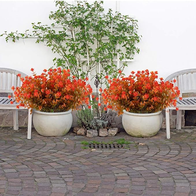 Happylife 6 Bundles Artificial Flowers, Fake Artificial Greenery UV Resistant No Fade Faux Plastic Plants for Wedding Bridle Bouquet Indoor Outdoor Home Garden Kitchen Office Table Vase (Orange Red)