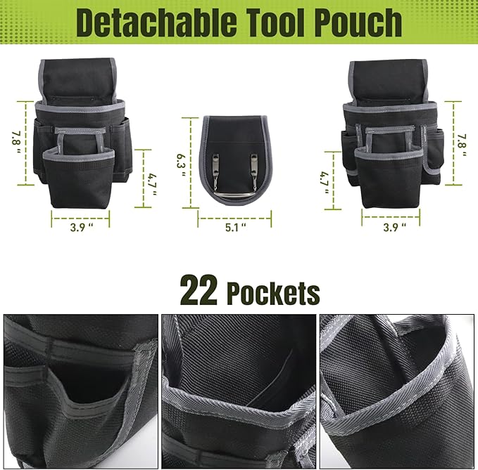 Tool Belt, Tool Belts for Men, 32 to 66 Inches Adjustable Waist, Electrician and Carpenter Tool Belt with Suspenders for Construction and Gardening, Black and Grey
