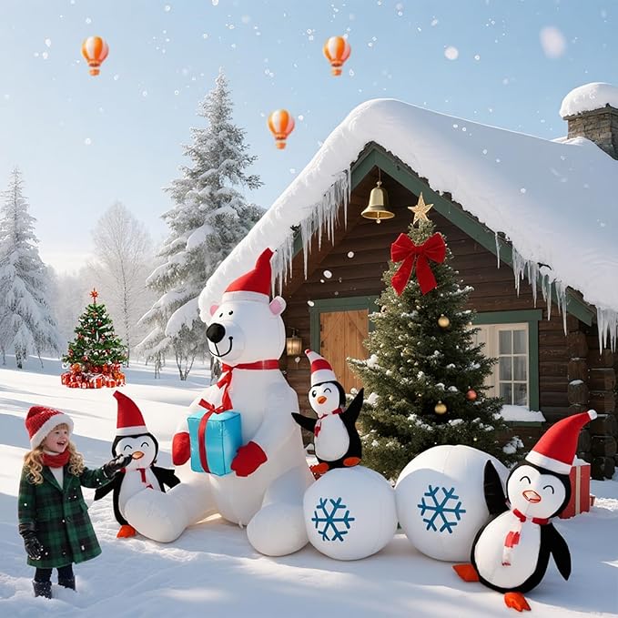 8FT Giant Inflatable Christmas Decorations Cute Polar Bear Penguin Combo，Holiday Decor with LED Lights, Ideal for Outdoor and Indoor Decor for Lawn, Garden, terraces,Xmas Holiday Party New Year