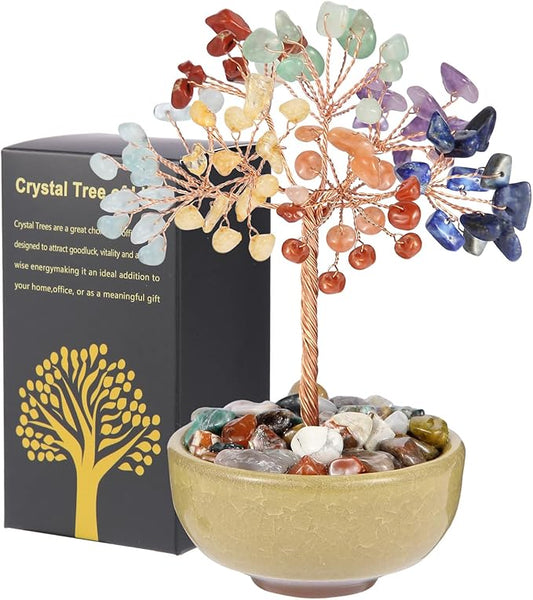 Handcrafted 7 Chakra Abundance Tree with Ceramic Base,5 Inch Natural Crystal Feng Shui Bonsai for Prosperity,Harmony & Energy Flow,Premium Healing Stone Decor for Home & Sacred Spaces
