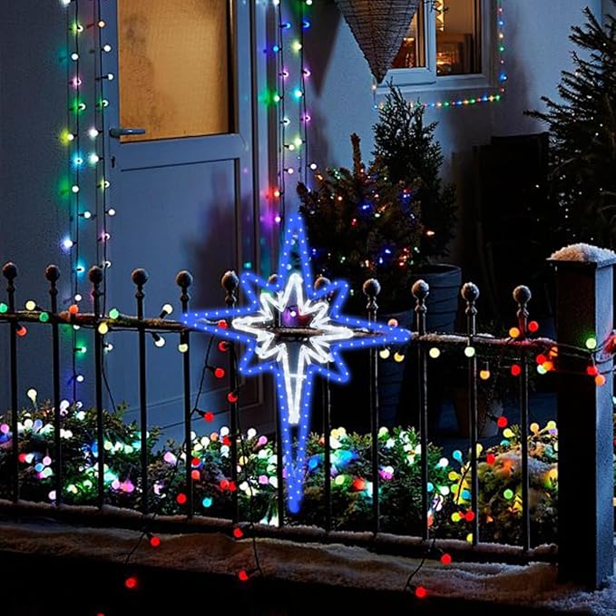 Large 28inch Twinkle Bethlehem Star Pre-lit 216 Super-Bright LED Outdoor Christmas Decoration with 11 Functions and Timer Waterproof for Outdoor Home Party Wall(Blue and White)