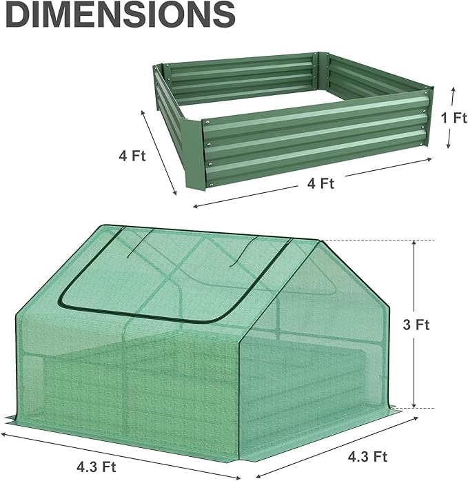 Aoodor 4 x 4 x 1 ft Galvanized Raised Garden Bed, Mini Greenhouse Kit with 2 Roll-up Zipper Doors for Vegetables, Flowers, and Herbs,Green