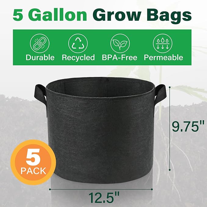 LotFancy 5 Pack 5 Gallon Grow Bags, Thickened Nonwoven Fabric Pots with Reinforced Handles, Heavy Duty 300G Aeration Planter Bags for Vegetables Flowers Fruits, Black