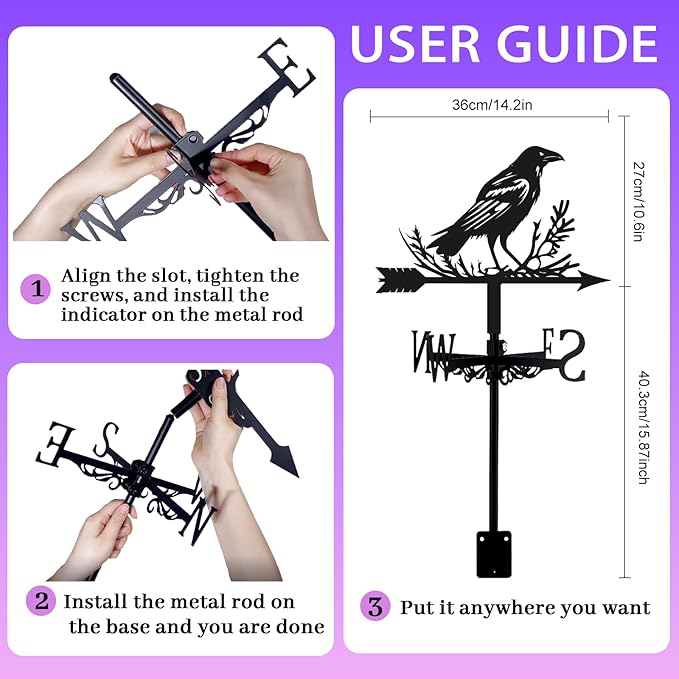 Crow Weathervane Metal Wind Vane Weathercock Garden Decoration Wind Direction Indicator Stake Roof Mount Ornament for Farmhouse Yard Outdoor