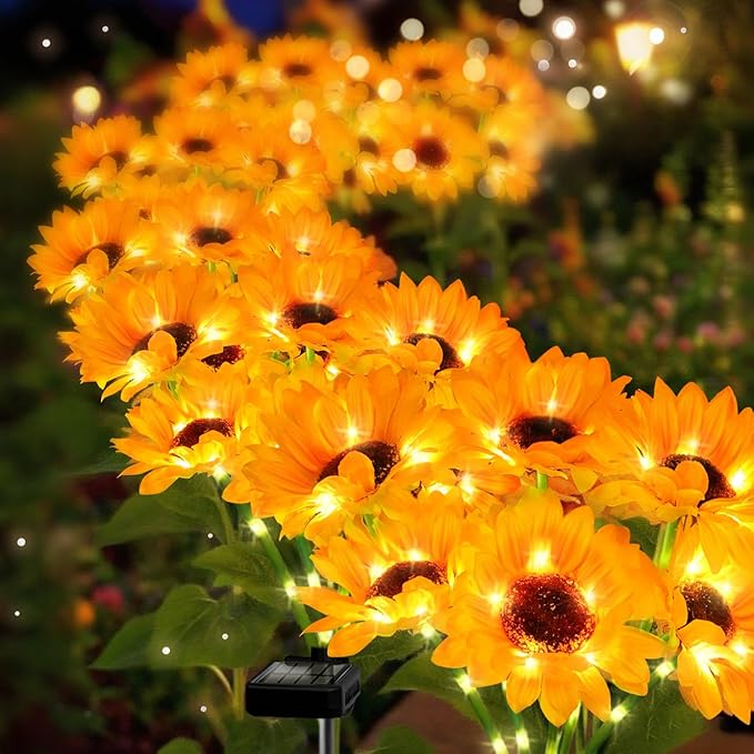 Upgraded Solar Sunflower Lights 1 Pack with 6 Outdoor Decor Flower Lights for Garden Gift for Mom and Friends, IP65 Waterproof Sunflower Garden Stake Lights for Yard Patio Lawn Pathway (Warm White)