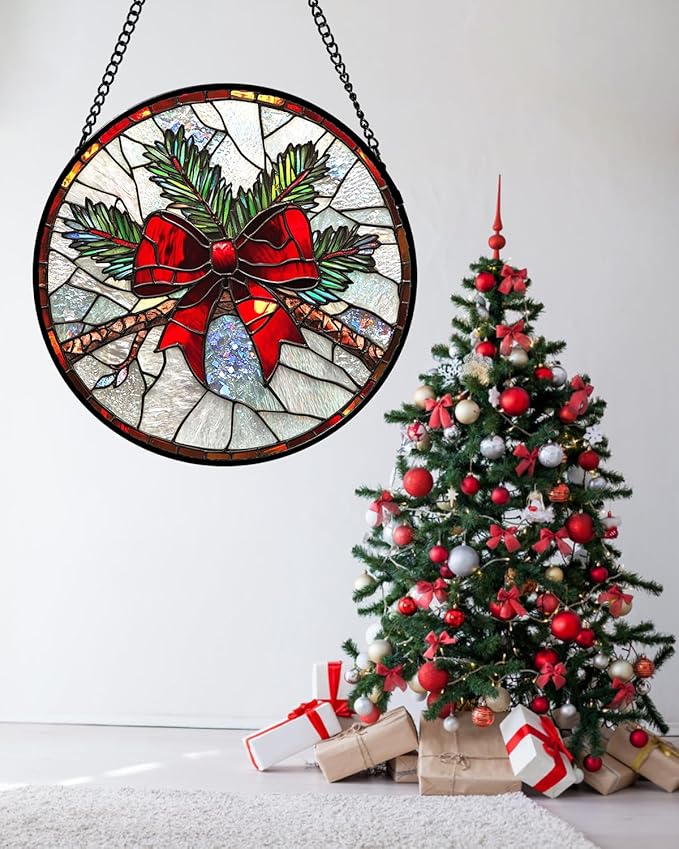 Stained Glass Window Hanging - Pine Branches Red Bow Suncatcher for Doors Home Christmas Decoration Silver Sun Catcher Thanksgiving New Year Birthday Gifts for Women Men Mom Nana 6.3 in