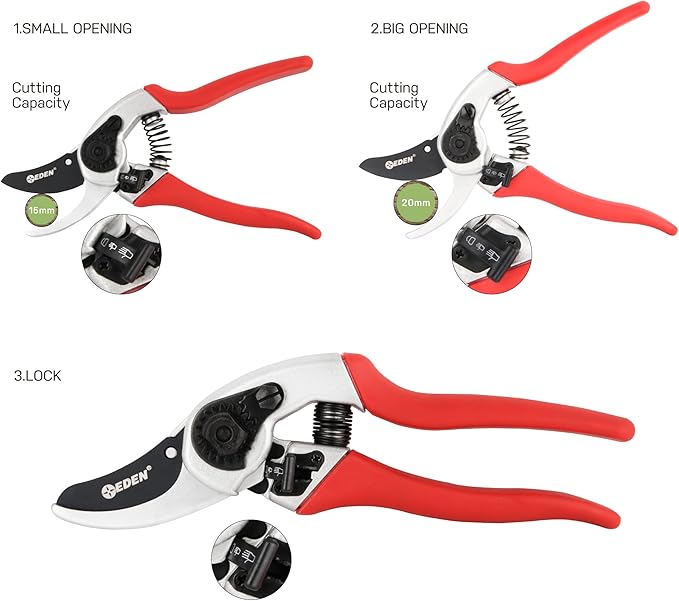 Eden 39002 Adjustable Bypass Pruning Shears, 7/8 inch cutting diameter for Stems and Branches