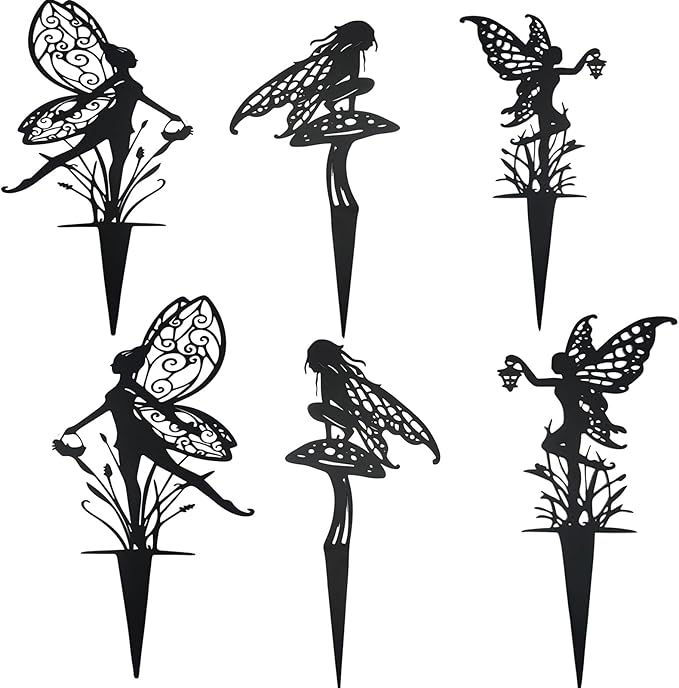 Decorative Garden Stakes Fairy Garden Statues Metal Weather Resistant 3 Piece Outdoor Decorative Set Black (6)