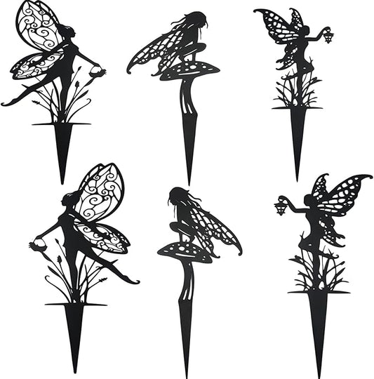 Decorative Garden Stakes Fairy Garden Statues Metal Weather Resistant 3 Piece Outdoor Decorative Set Black (6)