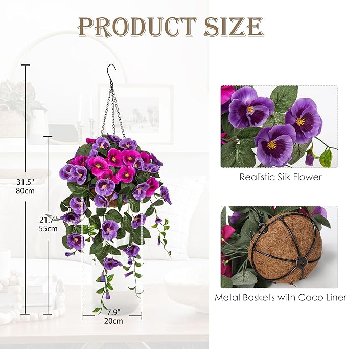 Briful Fake Flowers Hanging Basket, Pansy Artificial Flowers, Realistic Silk Spring Bloom Faux Flowers, 7 ⅞’’ Coconut Basket, for Home Farmhouse Balcony Outdoor Patio Garden Decor