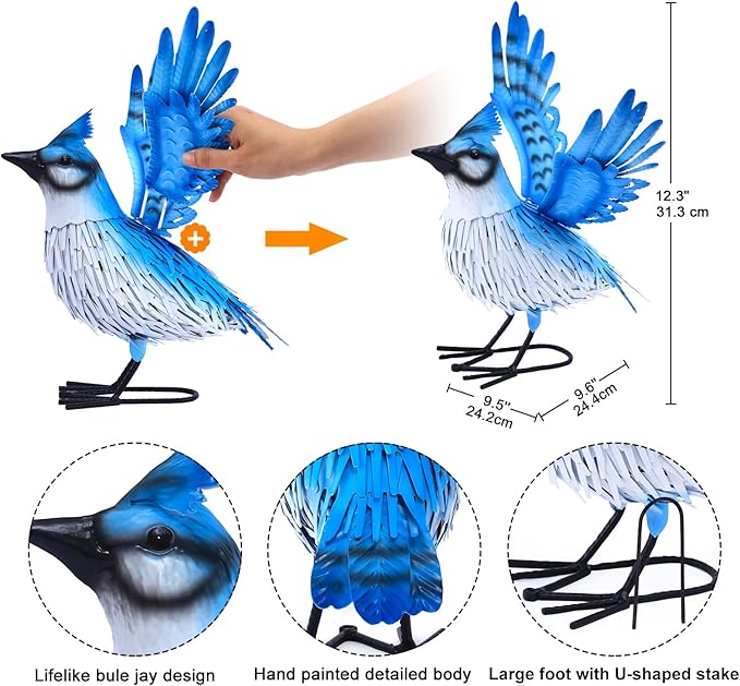 Nacome Blue Jay Garden Decor Metal Yard: Art Outdoor Sculptures & Statues Large Red Bird Ornaments for Patio Balcony Front Backyard - Gifts for Grandma Mom