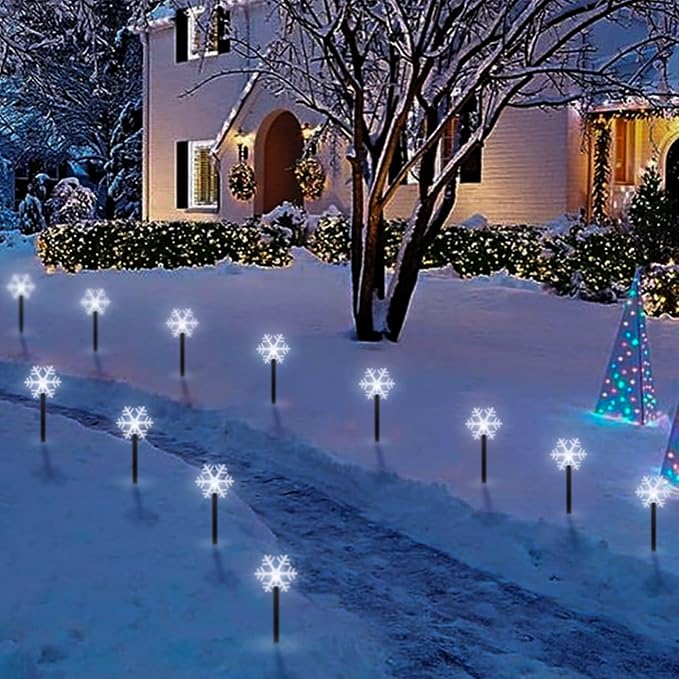 BRIGHTDECK Snowflake Solar Christmas Decorations Outdoor, 5 Pack LED Pathway Lights, Waterproof Snowflake Pathway Lights, Stake Lights for Christmas Garden Decor (5Pcs Cold White)