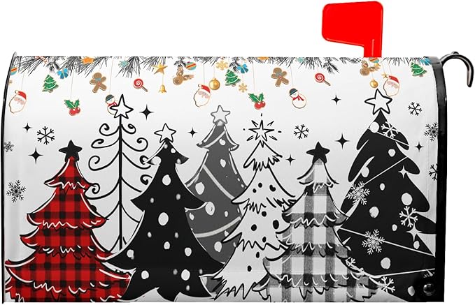 Xmas Trees Mailbox Cover Magnetic 21"x18" Red Black Buffalo Plaids Falling Snowflakes Winter Collection Mailbox Wrap Post Cover Standard Size for Yard Garden Outside Holiday Decor