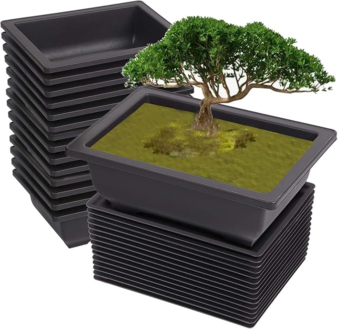 KINJOEK 15 PCS 8.9 Inch Plastic Bonsai Training Pots with Drainage Hole Trays, Rectangular Plant Bonsai Tree Planter, Flower Succulent Pots Container for Garden, Indoor, Home Decorative