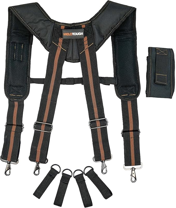 MELOTOUGH Tool Belt Suspenders Construction Work Suspenders with detachable phone holder comfortable foam shoulder padder (Khaki)