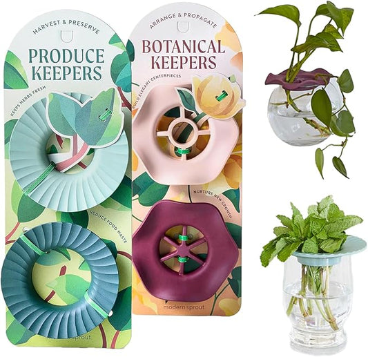 Modern Sprout Botanical and Produce Keeper for Floral Arranging, Herb Keeping, and Plant Propagation - Food Safe and BPA-Free, Sustainable Materials, Hydration Tray - Extends Freshness - 2 Pack