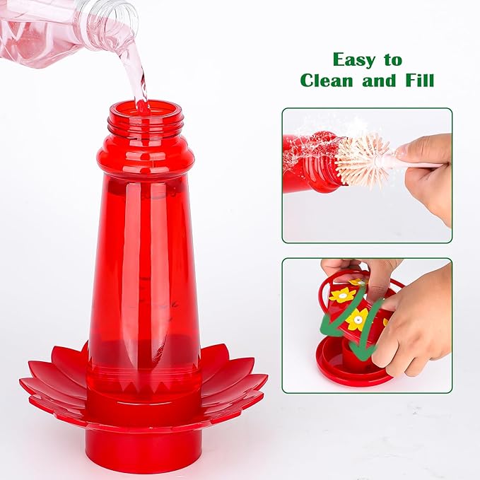 Plastic Hummingbird Feeders for Outdoors Hanging, 10 OZ Red Humming Bird Feeder with 6 Feeding Ports and Perch, Built-in Ant Moat, Gifts for Women Garden Decor, 1 Pack