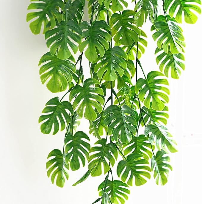 Artificial Hanging Vines 4 Pack, Fake Monstera Leafs Vine Ivy Jungle Leaf Plants Tropical Palm Leaves Rattan for Houseplants Indoor Home Kitchen Garden Outdoor Wall Wedding Decoration