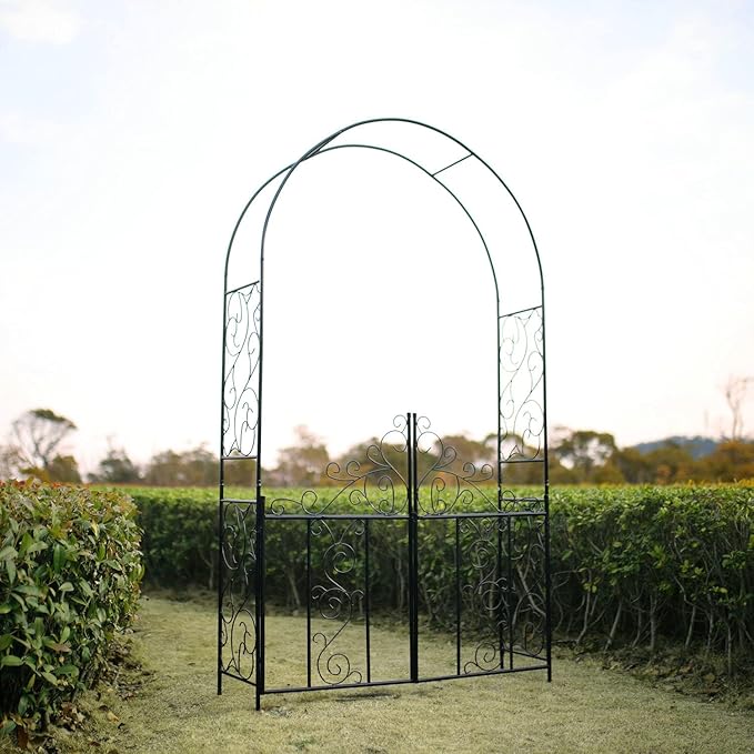 Steel 7'5'' High x 4'2'' Wide Garden Arch with Gate, Garden Arbor for Various Climbing Plant, Outdoor Garden Lawn Backyard