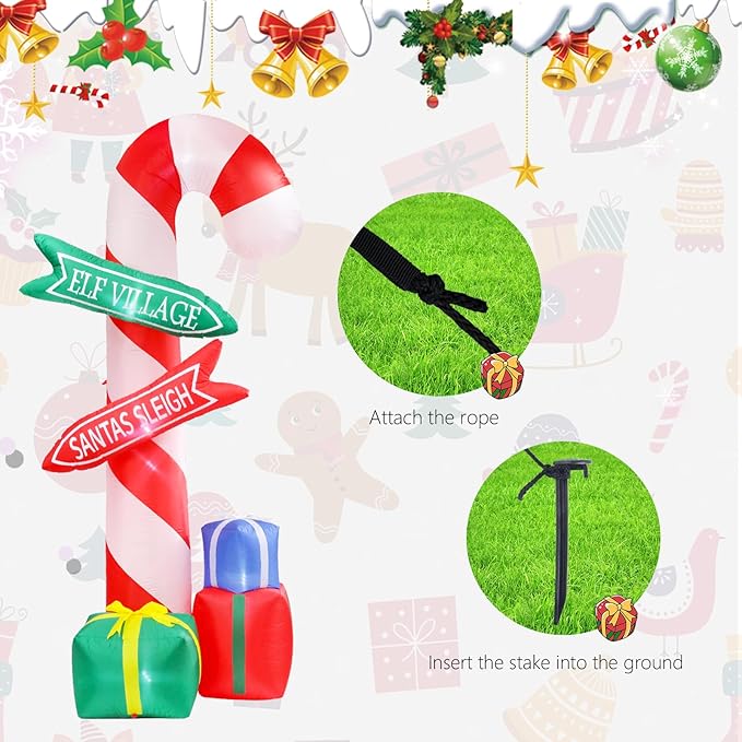 MUMTOP 9 Ft Tall Christmas Inflatables Outdoor Decorations, Inflatables Candy Cane with Road Sign Blow up Merry Christmas Bag Yard Decoration Built-in LED Lights for Outdoor Party Holiday Decor