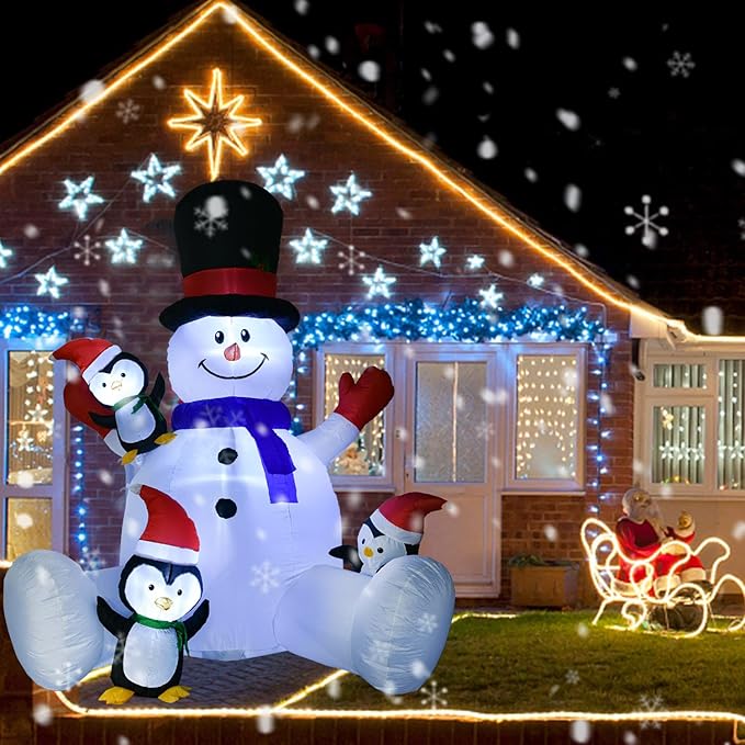 DearHouse 7Ft Lighted Christmas Inflatable Snowman with Three Cute Penguins, Building 3 LED Lights Outdoor Indoor Holiday Decorations Blow up Yard Inflatables Home Decor