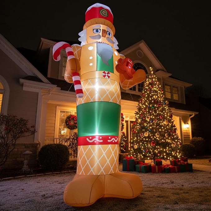 8 FT Christmas Inflatables Outdoor Decorations Nutcracker with Little Gingerbread Man Hold Candy Cane Blow Up Yard Decoration with Built-in LEDs for Xmas Holiday Outside Garden Lawn Yard Decor