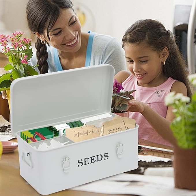 Garden Seed Box, White Metal Seed Storage Box, Seed Storage Organizer Case with 4 Dividers, Seeds Packet Container for Gardening, Seed Envelope Storage Box with Portable Handle & Safety Lock