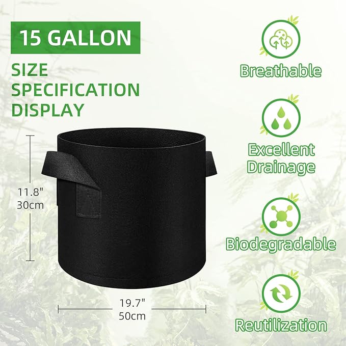 20 Pack 15 Gallon Plant Grow Bags, Breathable Felt Non-Woven Aeration Fabric Plant Grow Pots, Garden Planting Containers for Nursery Vegetable Flower Grow Bags with Handles (19.7x11.8inch)