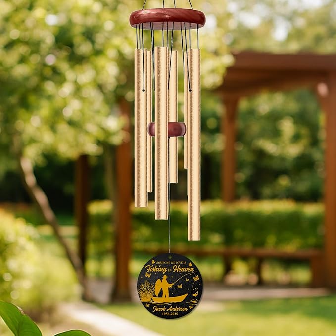 Personalized Gone Fishing Memorial Wind Chime – “Fishing in Heaven” Fisherman Wind Chimes– Custom Name & Dates – Outdoor Sympathy Gift for Men, Dad, or Grandpa – Memorial Garden Decor for Loss