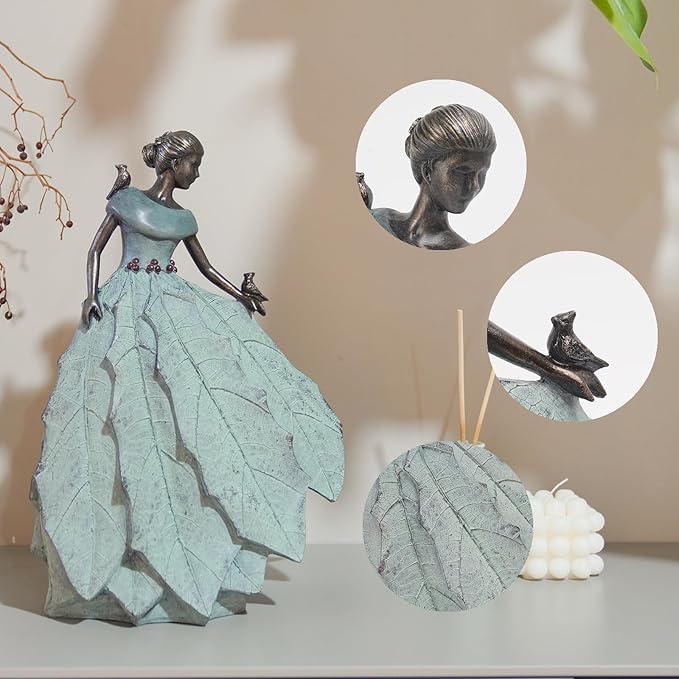 DiliComing Fairy Garden Statue Home Decoration - Outdoor Statue Table Decor for Living Room Garden Maiden Bookshelf Decor Xmas Resin Holly Leaves Maiden Green