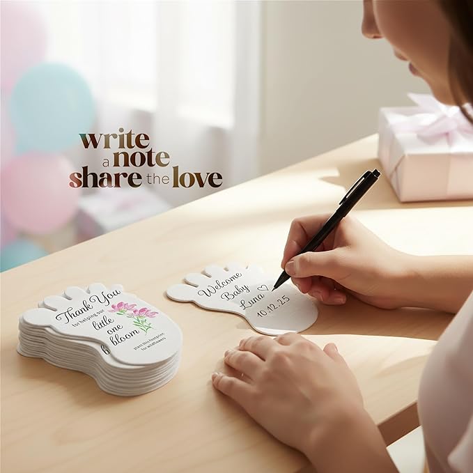 Baby Footprint Seed Paper – 24 pcs Pink Baby Shower Favors for Guests with Wildflower Seeds, Writable & Plantable, Gender Reveal, Birthday Gifts for Guest