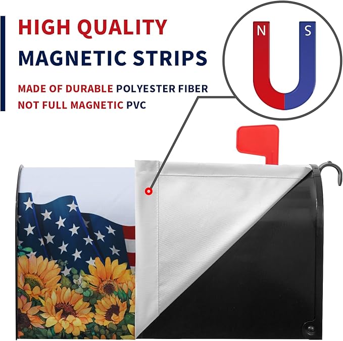 Patriotic Mailbox Cover Magnetic Large Size Summer July 4th Mailbox Wrap America Flag Flower Letterbox Cover USA Independence Day Floral Mail Box Covers Outdoor Decor Oversized 25.5 X 21 Inch