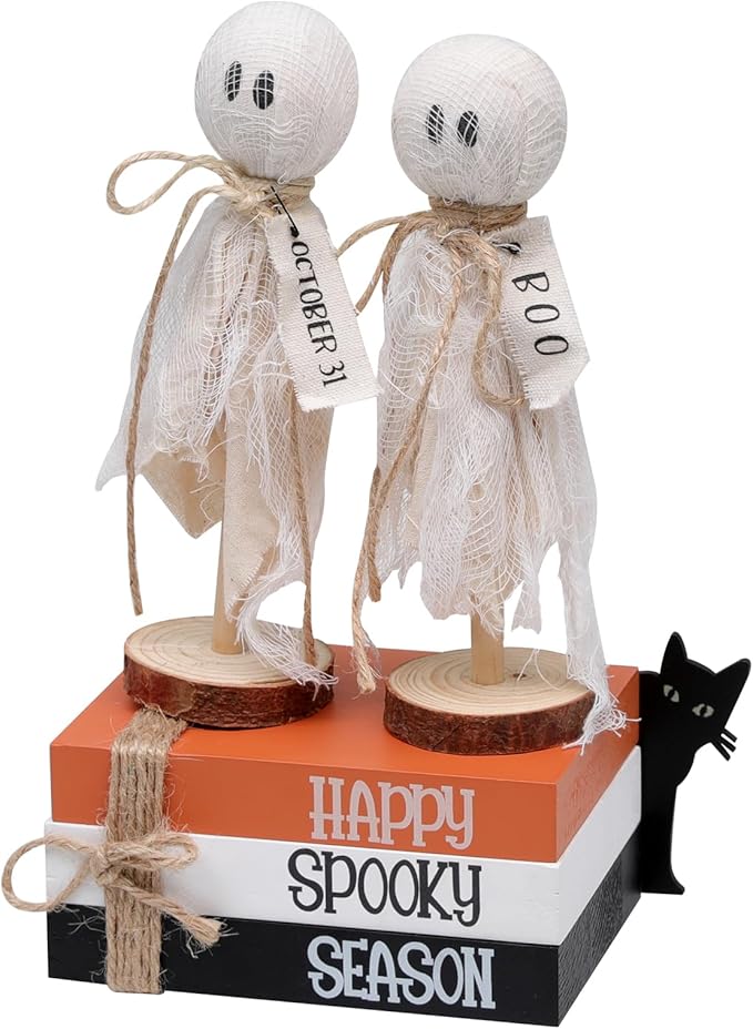 Halloween Decorations Indoor, 1 Set of Happy Spooky Season Wood Faux Books Stack,2 Primitive Halloween Ghosts on Wood Stand & 1 Black Cat Centerpiece for Tiered Tray Table Shelf Decor